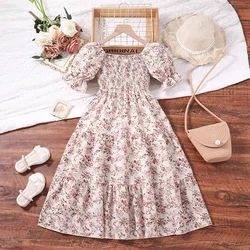 New Summer Kids Teenager Women Square Neck Puff Sleeve Printed Summer A-Line Shirred-Bodice Dress Korean Style Casual Clothing