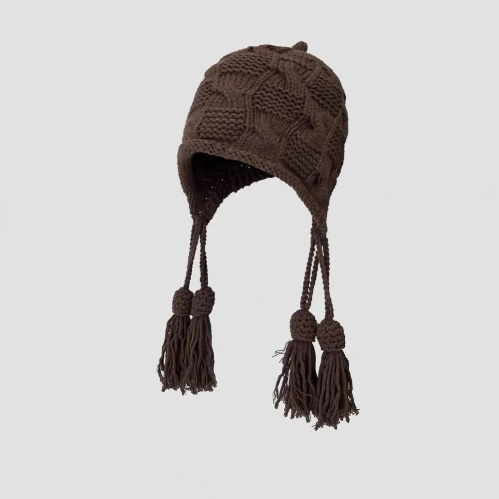 

Casual Windproof Knitted Hat Tassel Ear Protection Winter Beanie Warm Headgear Women