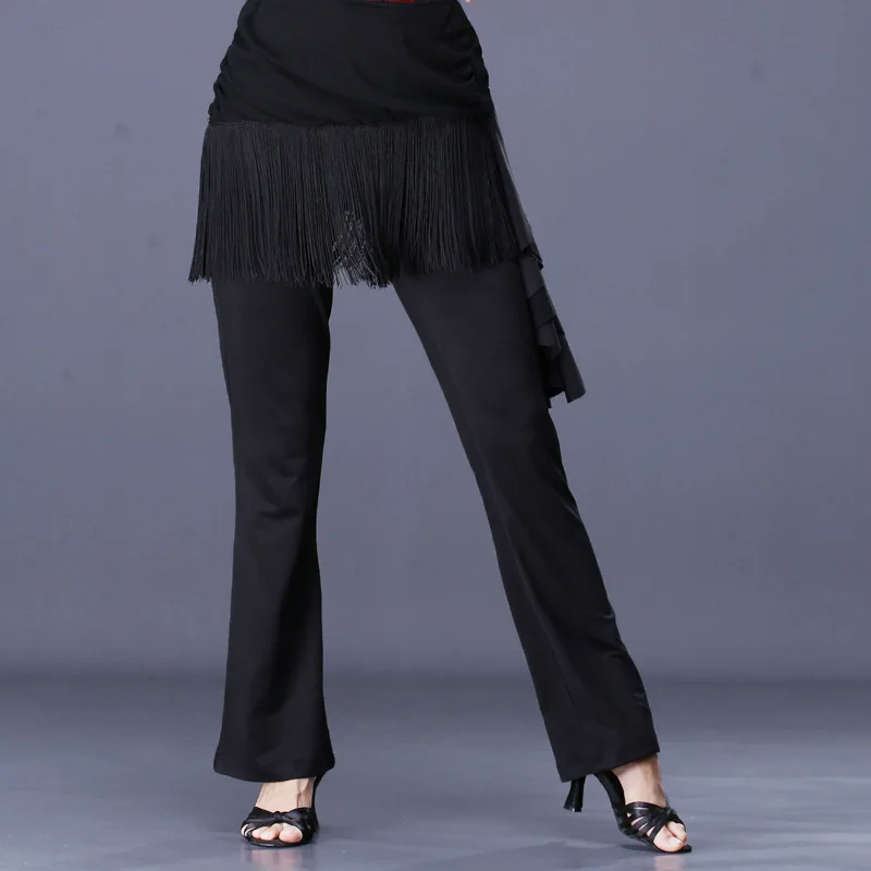 Adult Women Latin Dance Fringed Trousers Modern Ballroom Tassels Hip Scarf Culottes Dancing Pants Dancewear Performance Costumes