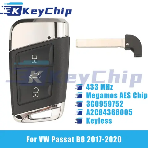KeyChip Pro For VW Passat B8 2017-2020 3 Buttons Keyless Smart Key 433 MHz Megamos AES Chip 3G0959752 A2C84366005
