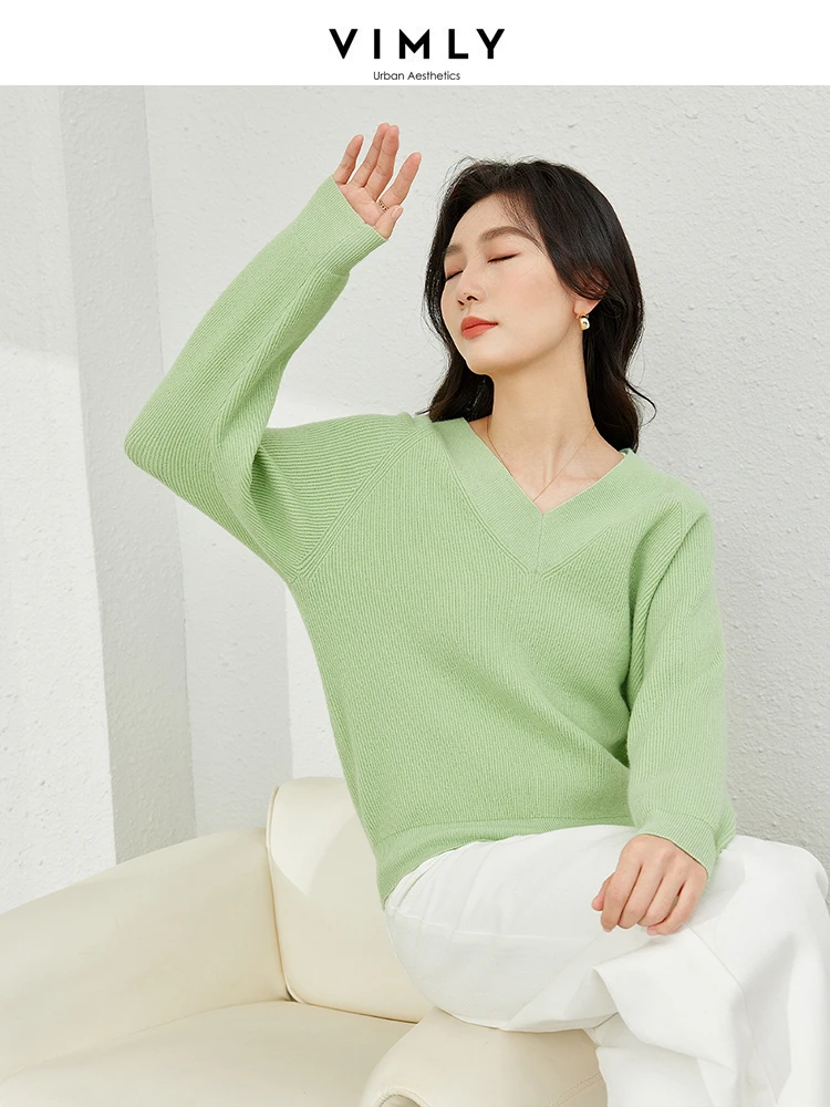 Vimly V-neck Knitted Sweater Women Green French Style Knitwear 2024 Spring Rib Knit Jersey Long Sleeve Top Female Jumper 72912