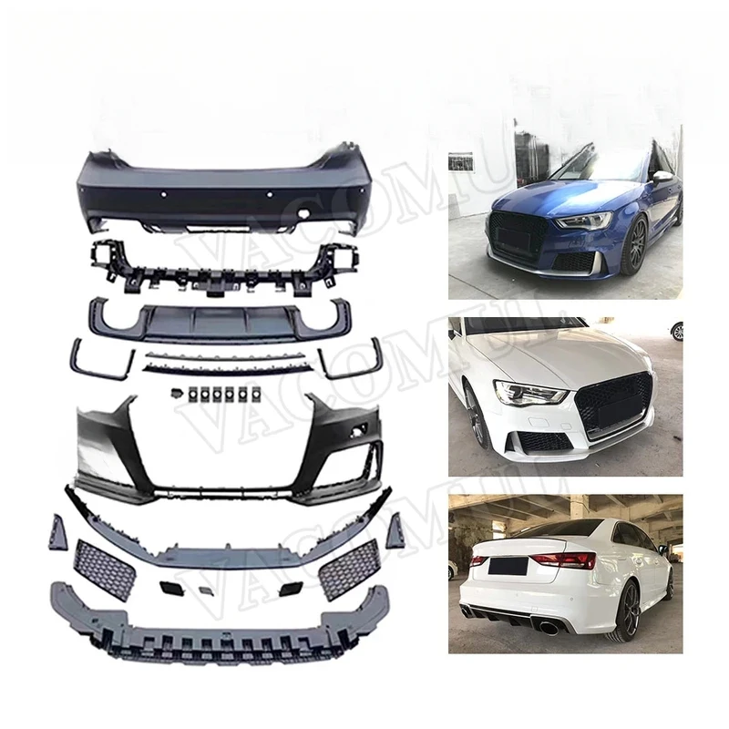 

Диффузор-спойлер заднего бампера из ПП-материала и комплект расширения переднего бампера (Wide Body Kit) в стиле A3 S3 RS3, 2014-2016 гг.