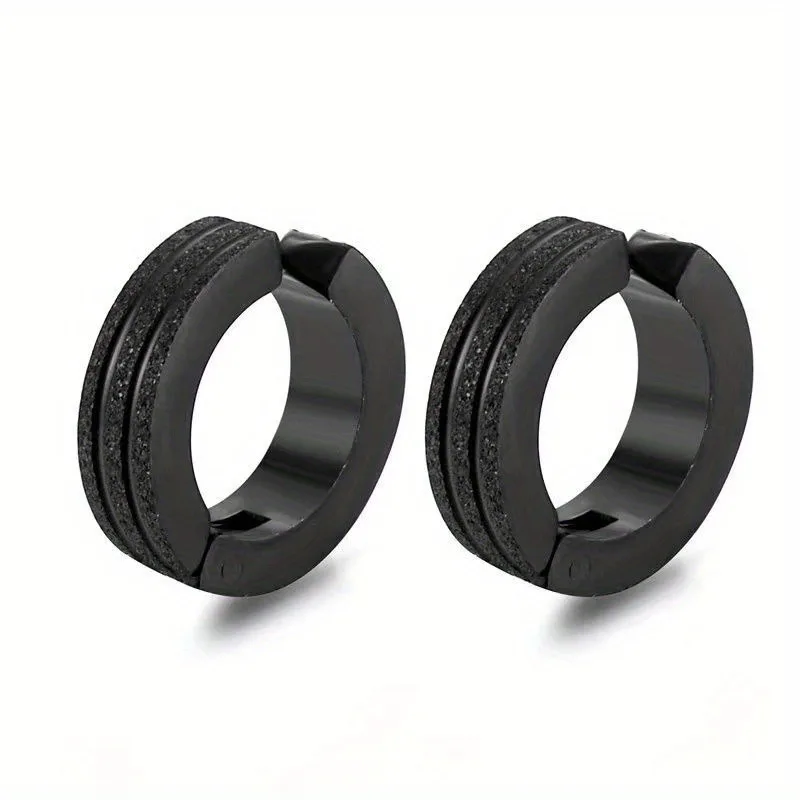 1 Pair Black Frosted Small Hoop Earrings for Women Men Stainless Steel Punk Rock Circle Round Ear Clip Non-Piercing Earrings