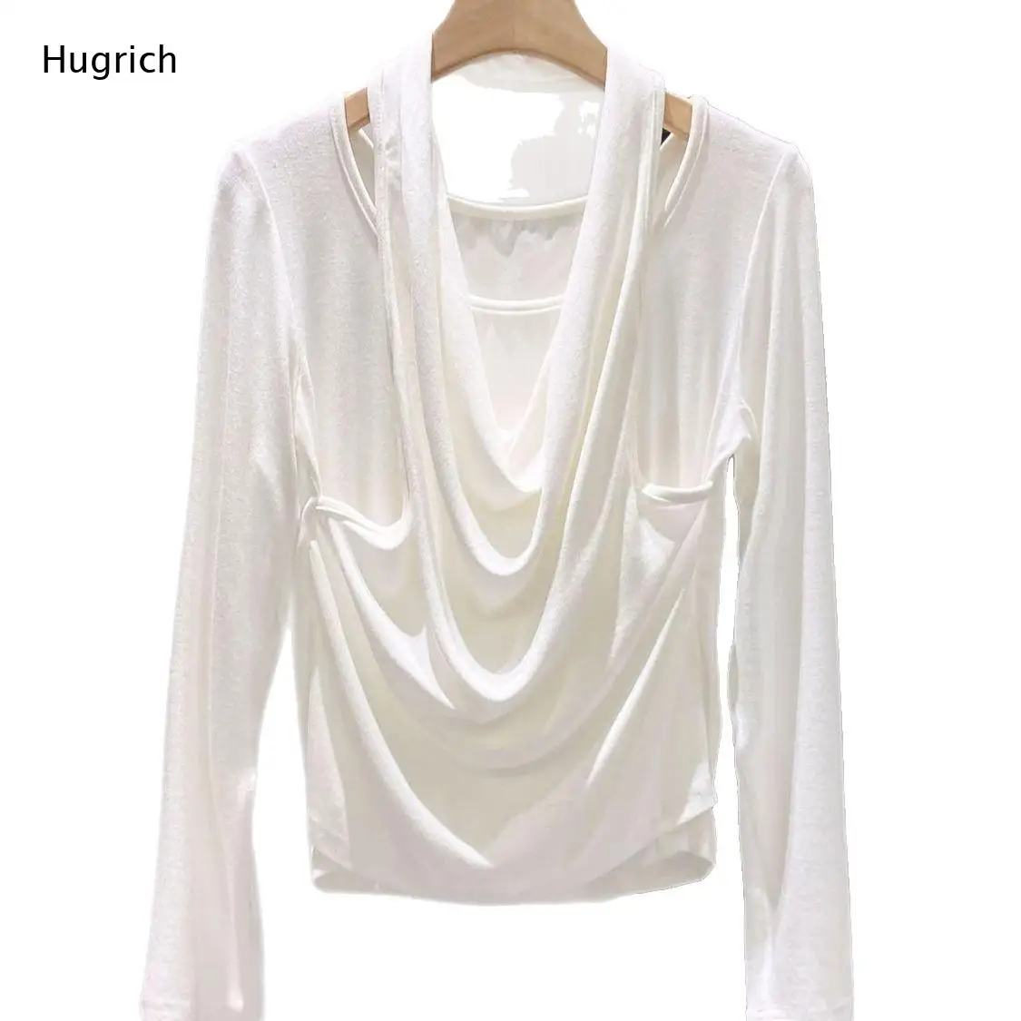Ladies Draped Cowl Neck Halter Long Sleeve Fitted Top Solid White Ruched Detail Irregular Hem Soft Lightweight Daily Wear Blouse