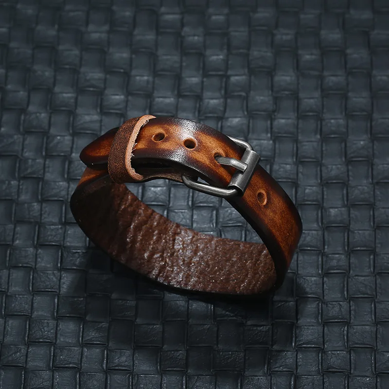 New Retro Black Brown Genuine Leather Belt Buckle Wide Wrap Bracelets Men Women Bangle Outdoor Jewelry