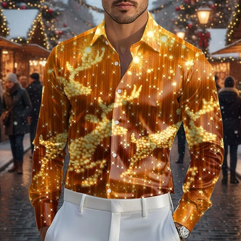 2025 Christmas Men's Personalized Reindeer Print Shirt Collar Long-Sleeve Design Stylish Outdoor Party Holiday Comfort Shirt