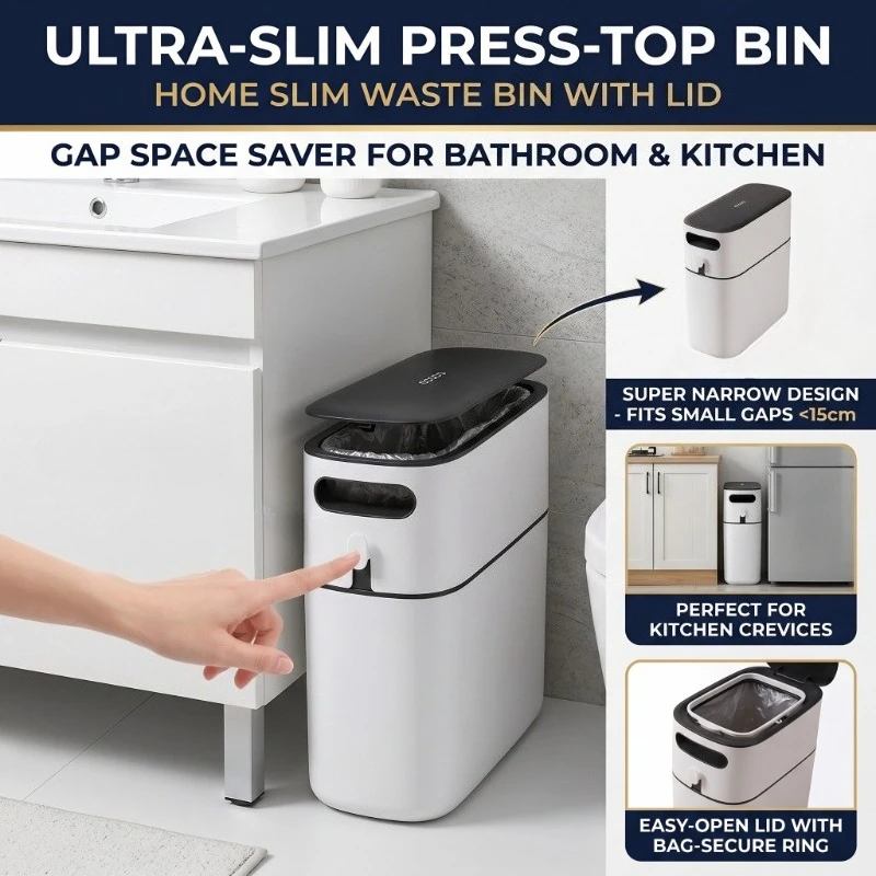 New Household Press‑Type Trash Bin Auto‑Packing Narrow Slim Garbage Can with Lid for Toilet Living Room Kitchen Office Dustbin