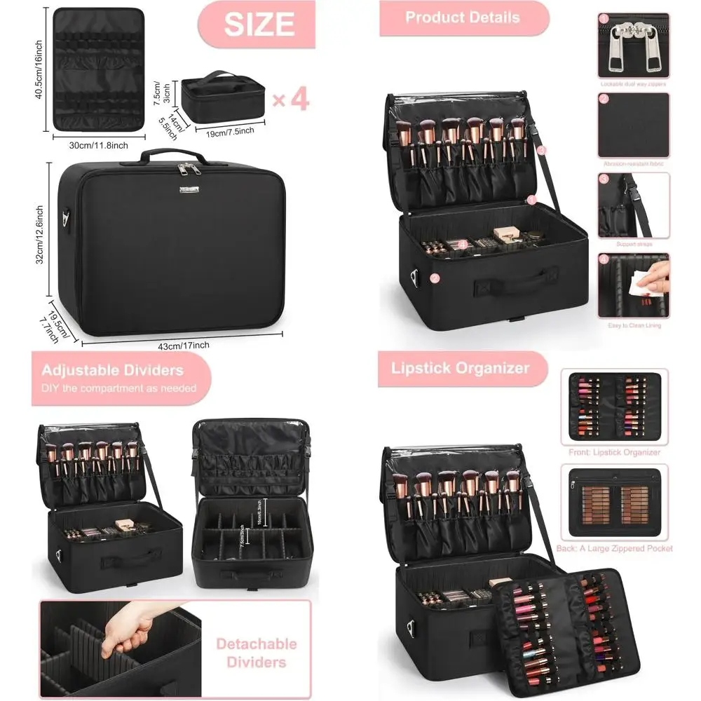 전문가용 메이크업 케이스 (조절 가능한 칸막이, 투명 가방, 립스틱 홀더, 어깨끈 포함)