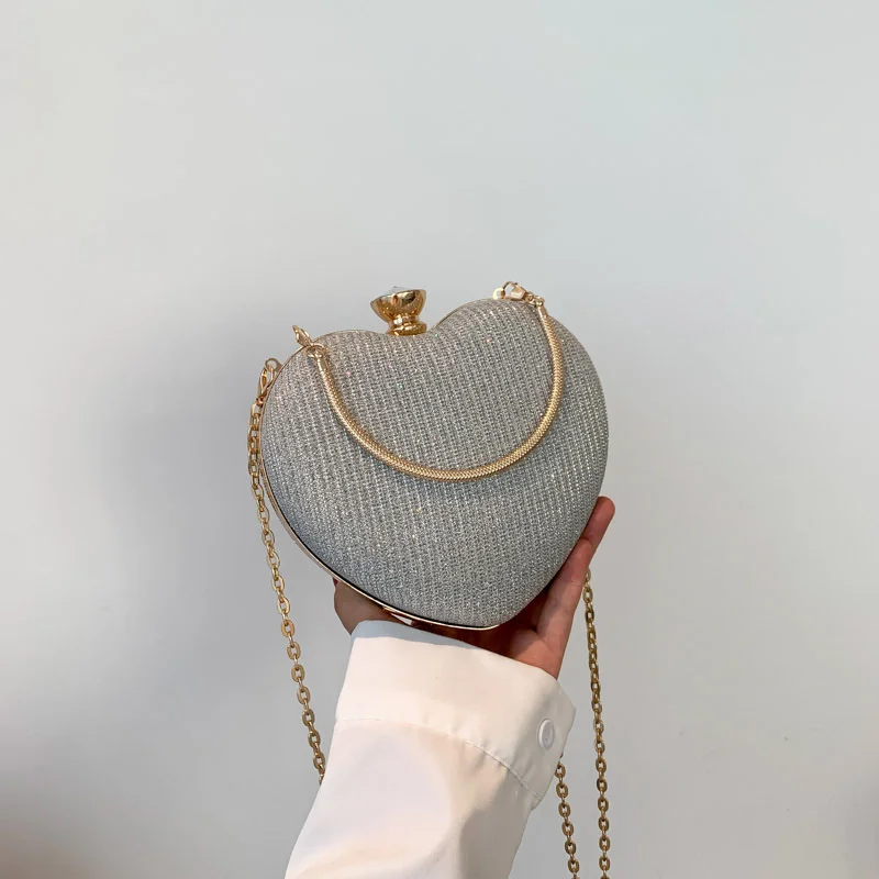 Abend Clutch Tasche Frauen Tasche Glänzende Handtasche Herz Form Metall Kupplungen Tasche Mode Kette Schulter Umhängetasche Luxus Dame Geldbörse – Detail 27