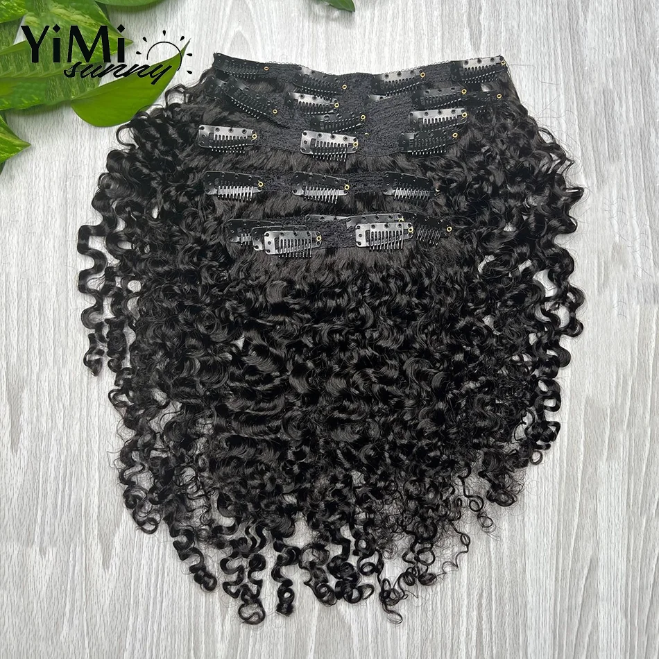 Yimisunny-Extensions de cheveux humains bouclés avec clips pour femme, extension de cheveux mongoliens, tête complète, ajouter du volume, 5, 4C, 7 pièces