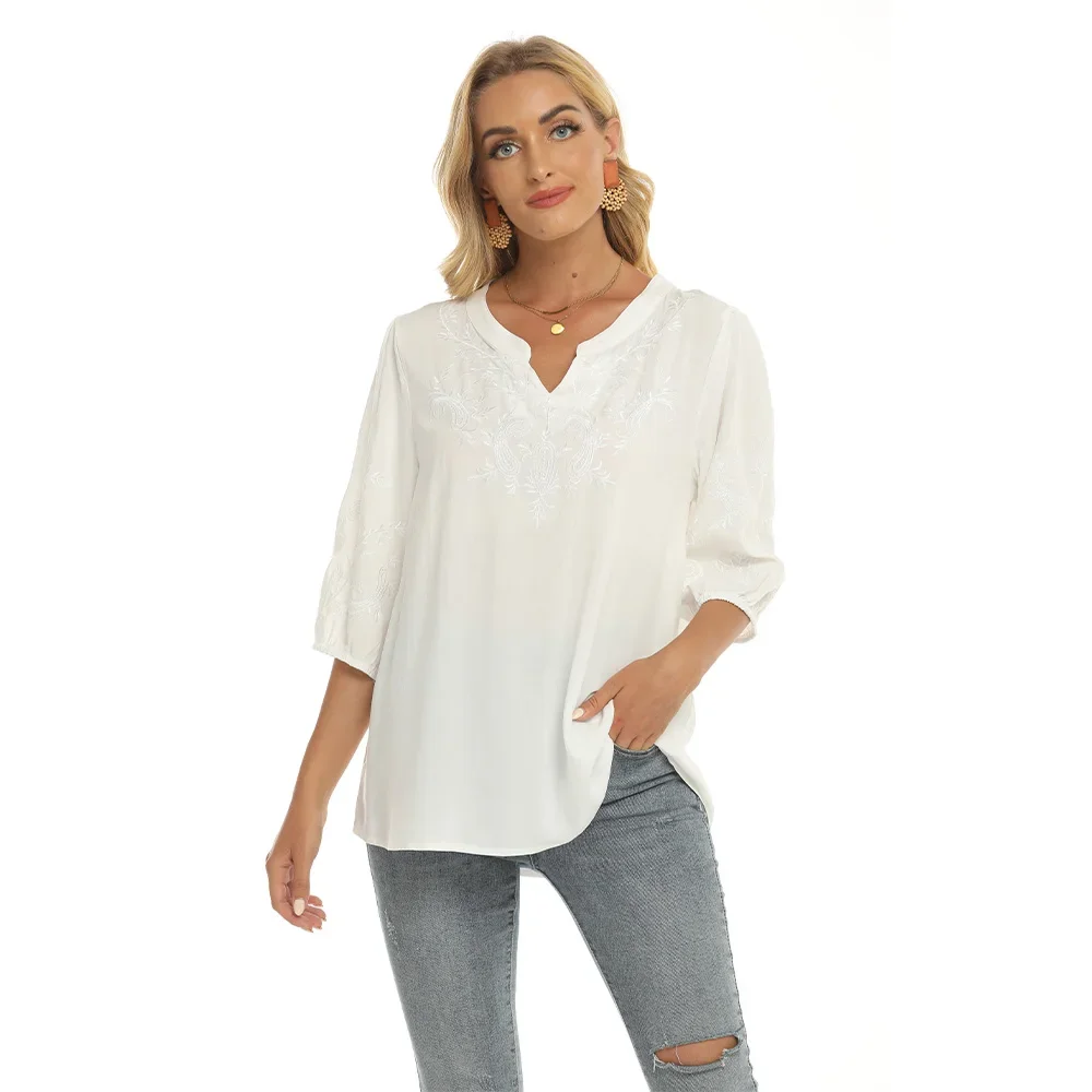 Eaeovni Women's Embroidered Casual Solid Summer Farmer Top Elegant Shirt Loose Fit 3/4 Sleeve Loose Tee