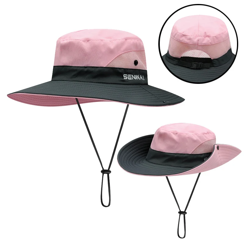 UPF 50+ Wide Brim Sun Hat Waterproof UV Protection Foldable Mesh Beach Fishing Hat Women's Ponytail Bucket Hat