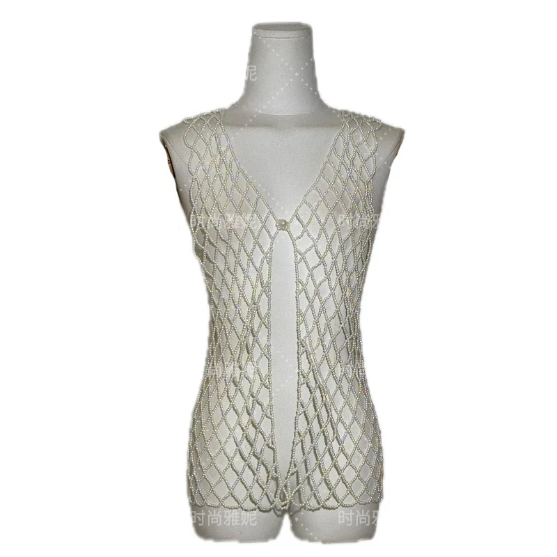 Elegant Fashion Pure Handmade Pearl Coverup Party Bikini Beach Knitting Vest Hollow Out Vest Jacket Bra Beaded Decoration