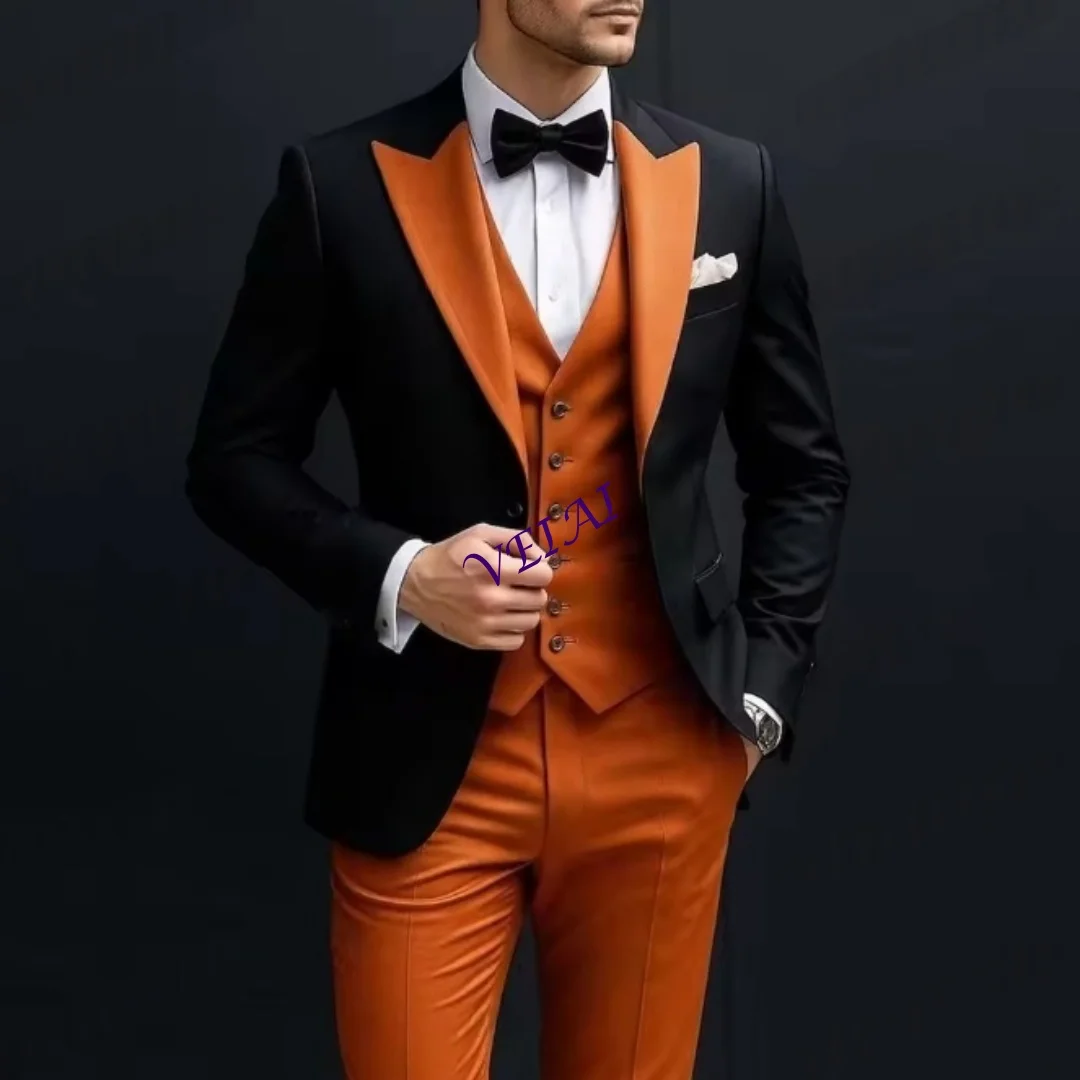 

Новый темно-оранжевый и черный мужской костюм по индивидуальному заказу, свадебная вечеринка, формальный жених, жених, выпускной, деловой мужской смокинг, комплект из 3 предметов, куртка