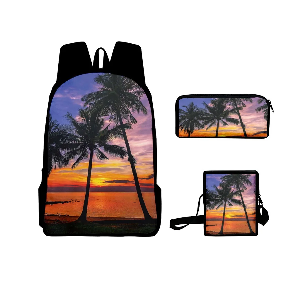 

3psc/set Sunset Coconut Tree Backpack Primary Middle School Students Boys Girls Schoolbag Crossbody Bag Pen Case Travel Backpack