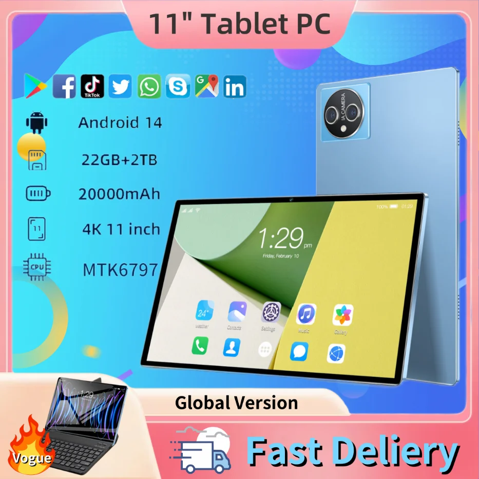 2025 New Tab A11 Pro Tablet 16GB + 1TB 11-inch MTK 6797 Android 14 Bluetooth 5.0 5G Dual SIM Fast Charging Full Screen Tablet PC