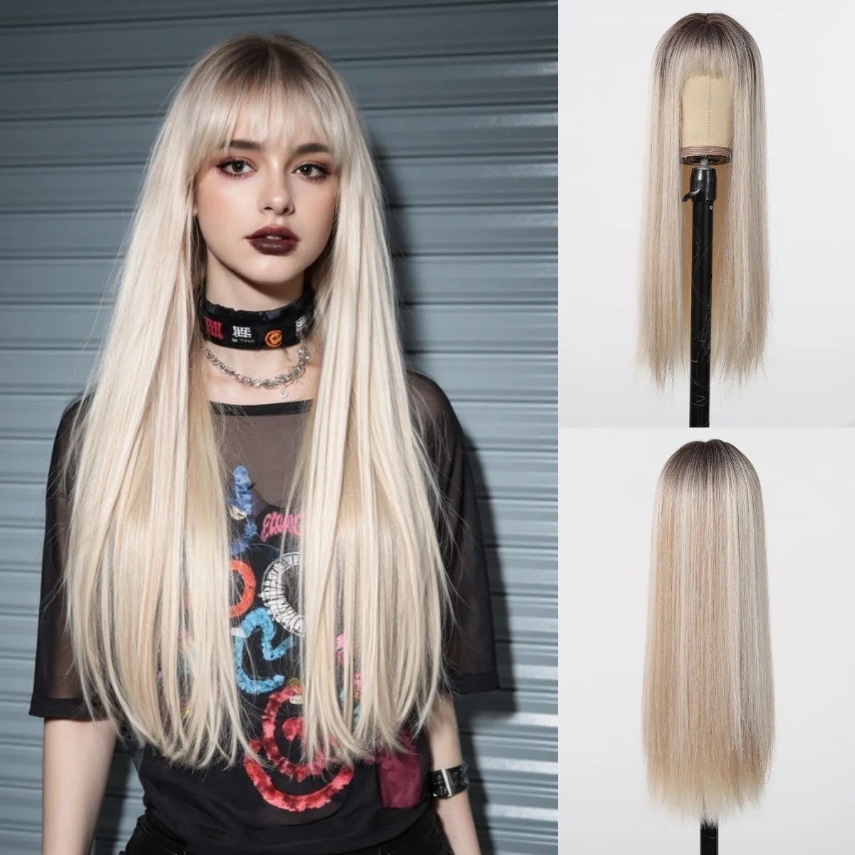 Schwarze Highlight-Rosa-Synthetik-Perücke mit Pony, lange gerade schwarze Highlight-rote Perücke für Frauen, Cosplay, Party, Weihnachten, 66 cm – Detail 14