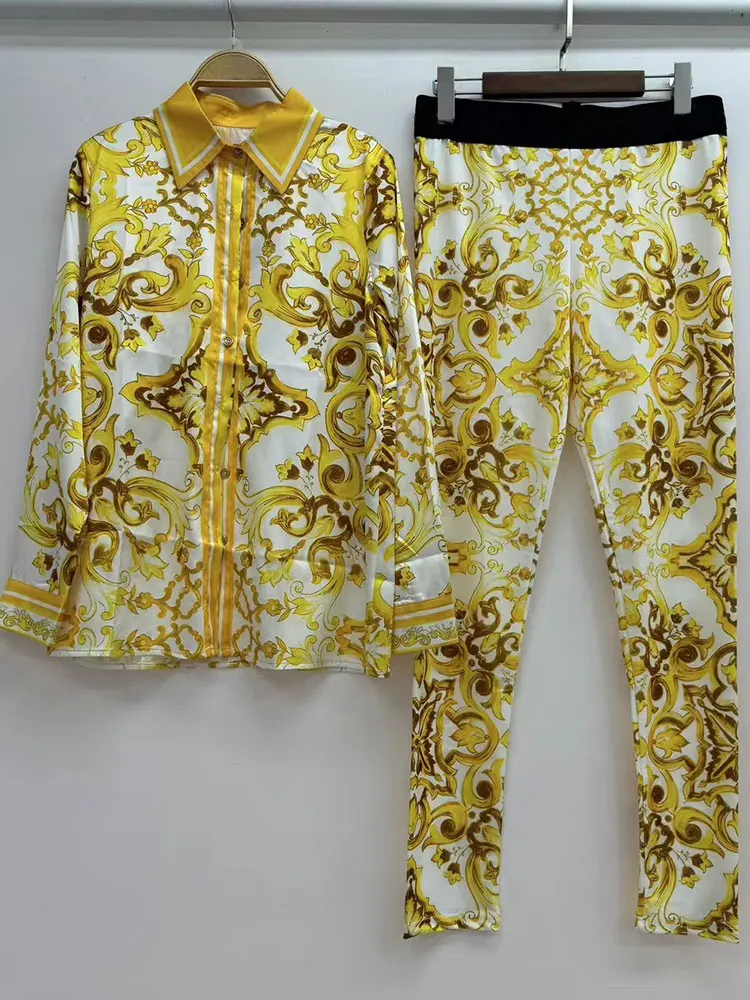 Retro printed lapel long-sleeved shirt 2025 spring women's new suit+elastic waist slim elastic feet pants fashion two-piece suit - Image 5