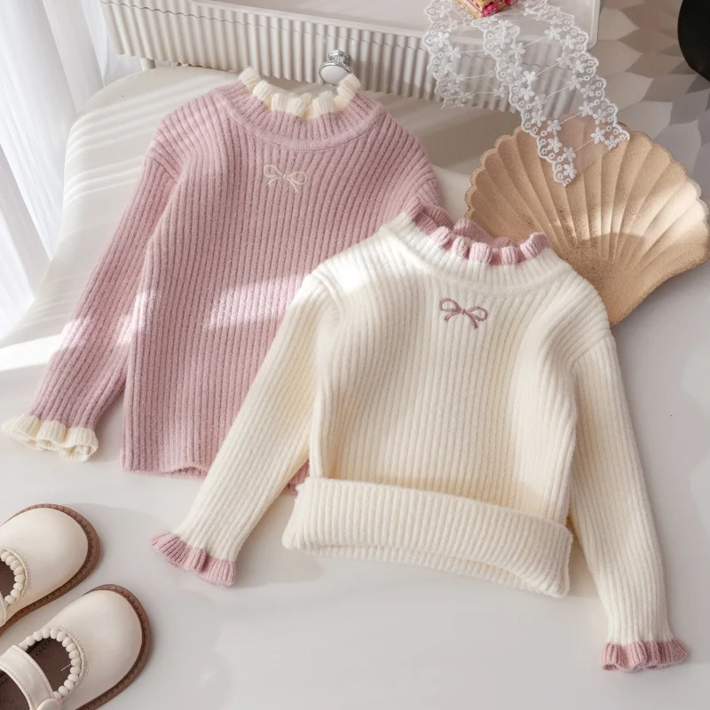 

Girl's 2026 Autumn/winter Sweater with A Stylish Bow, Embroidered Patchwork, Contrasting Color Knit Sweater, Pullover Top