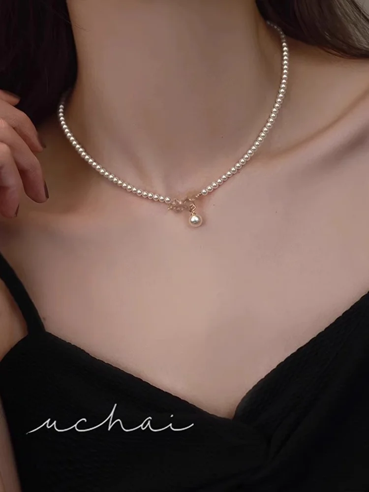 vh-jessie-ultra-fine-ot-buckle-pearl-necklace-women's-new-popular-lockbone-chain-elegant-small-bead-neck-chain-modern-style