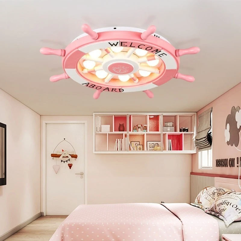 Mediterranean Pirate Rudder Wooden Ceiling Light Cartoon Kids Room Lamp