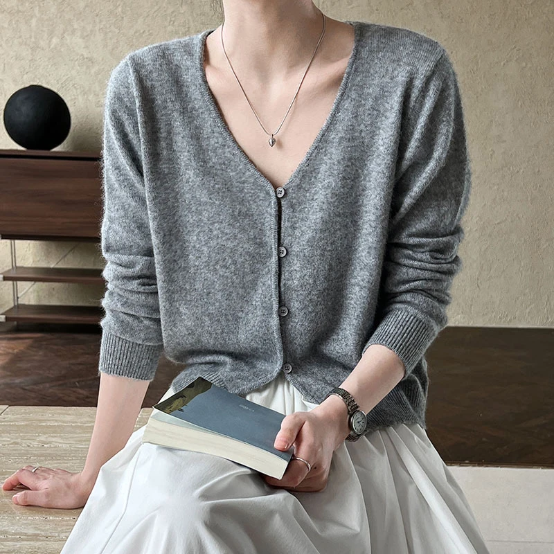 2024 Women Autumn V-Neck Single Button Design Cardigans Coat Wool Knitted Gray  Sweater Women Cape Clothes Tops