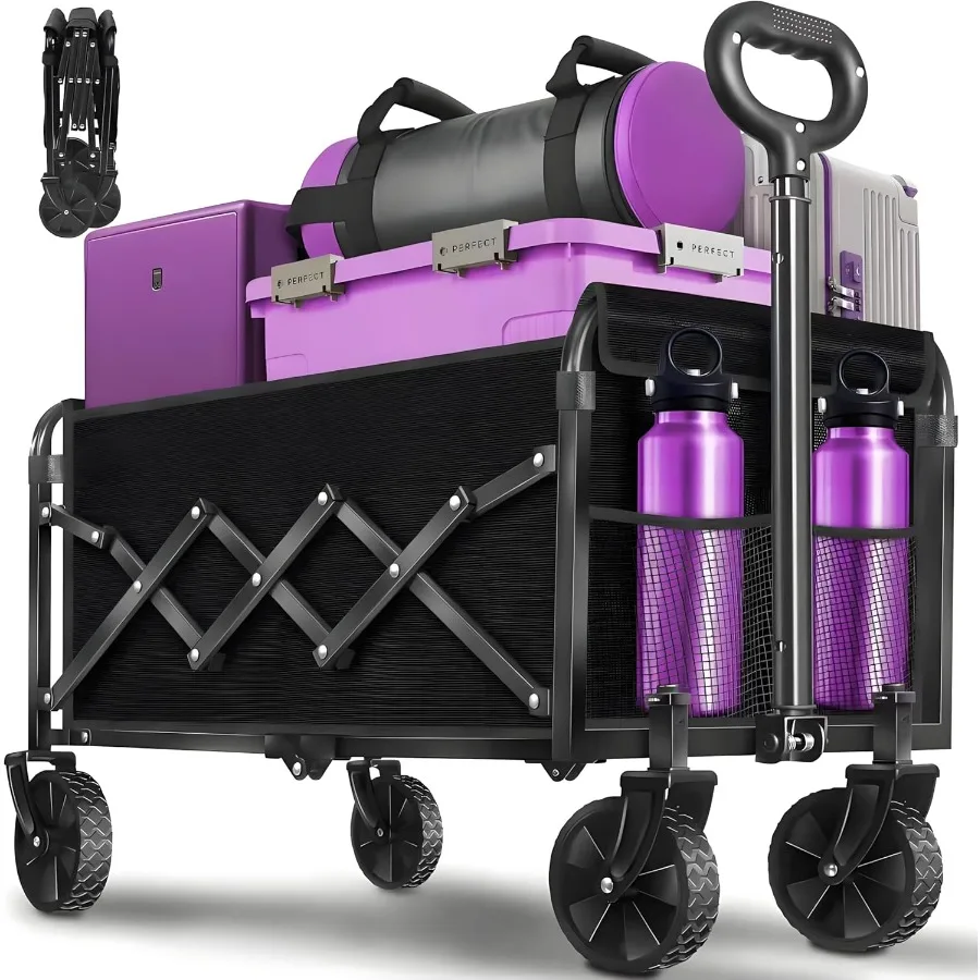 

Foldable 360 LBS Large Capacity Wagon Cart with 360Degree Rotating Wheels and Builtin Drink Holders Collapsible Utility Folding