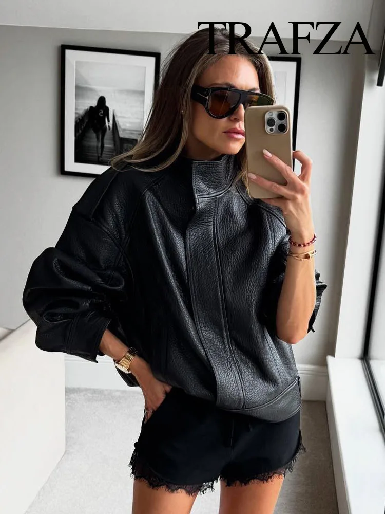 

TRAFZA Women Autumn Texture Leather Jacket Woman Fashion Solid Long Sleeves Lapel Pleated Design Zipper Vintage High Street Coat