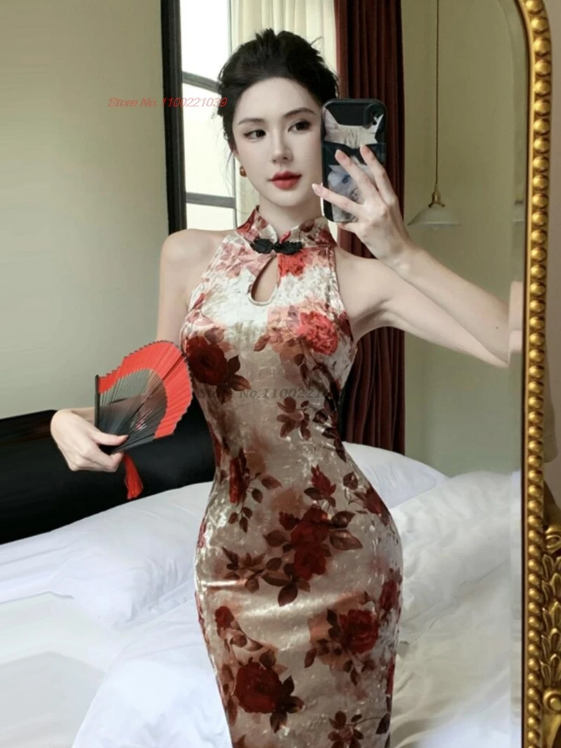 

Китайский сексуальный Cheongsam 2021, бархатное Ципао без рукавов, ретро-цветочный принт, вечернее платье, традиционное платье для банкета, ночного клуба, Ципао
