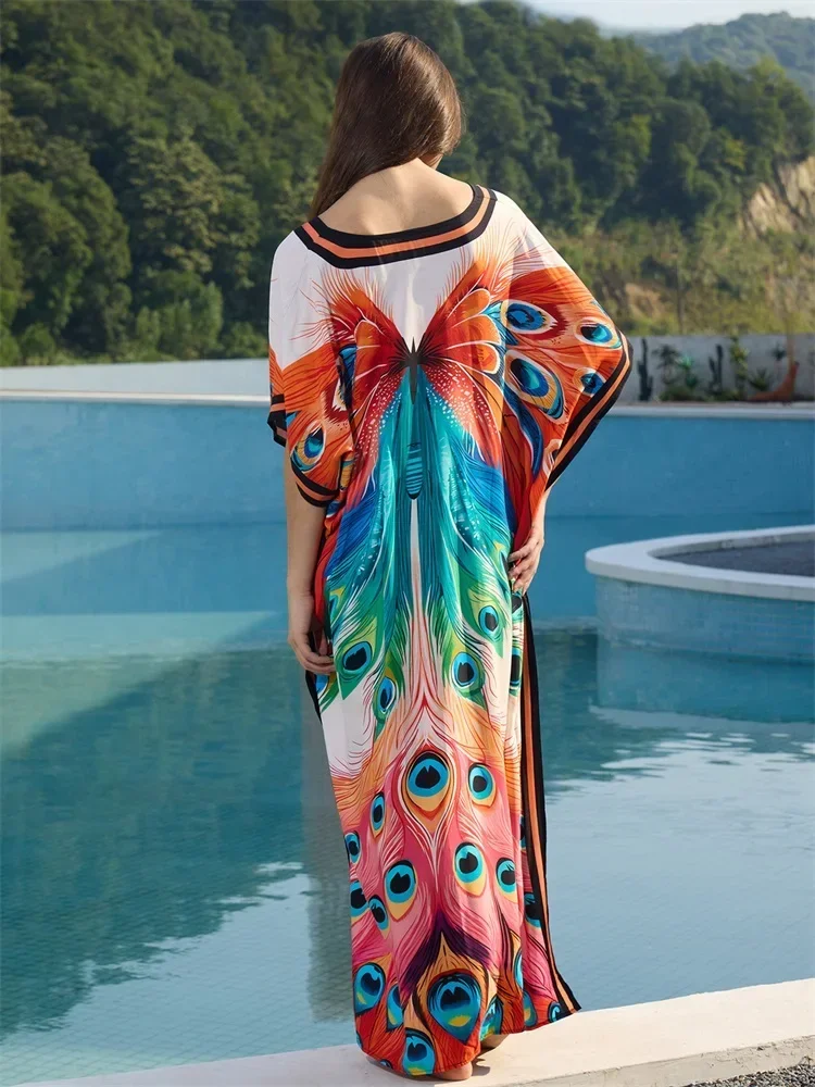 Plus Size Women's Butterfly Peacock Printed Kaftan 2024 V Neck Loose Side Split Beach Dress Swimsuit Cover Up House Robe Q1674