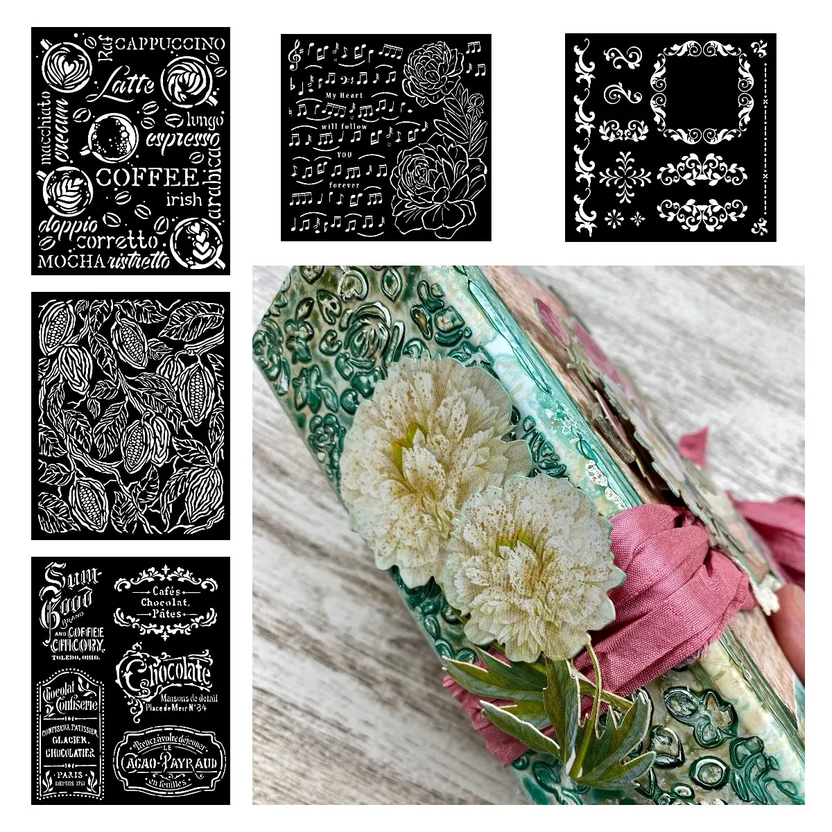 

Music and Peony Roses Pattern Coffee and Chocolate Cappuccino Stencil Layering Making Handmade DIY Hot Sale Painting Scrapbook