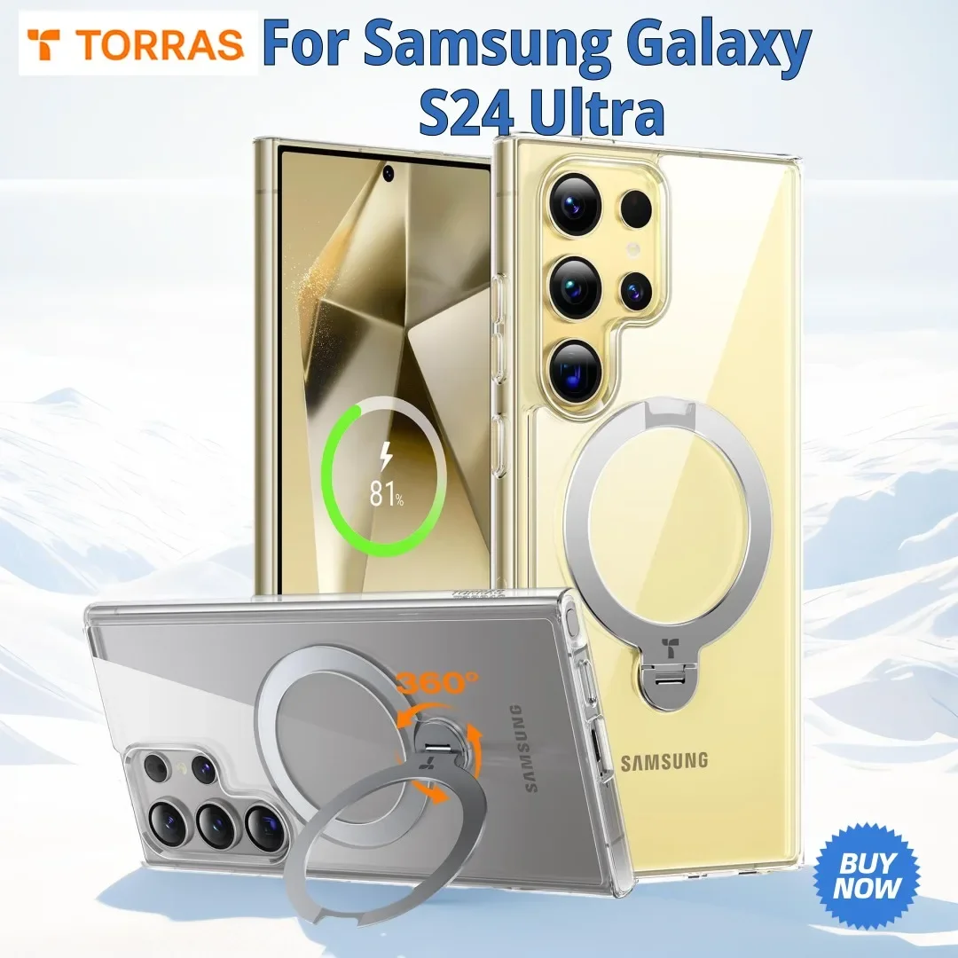 TORRAS-Magnetic Stand for Samsung Galaxy S24 Ultra, Clear Slim Case with Stand and Ring Holder, 360 ° Rotating