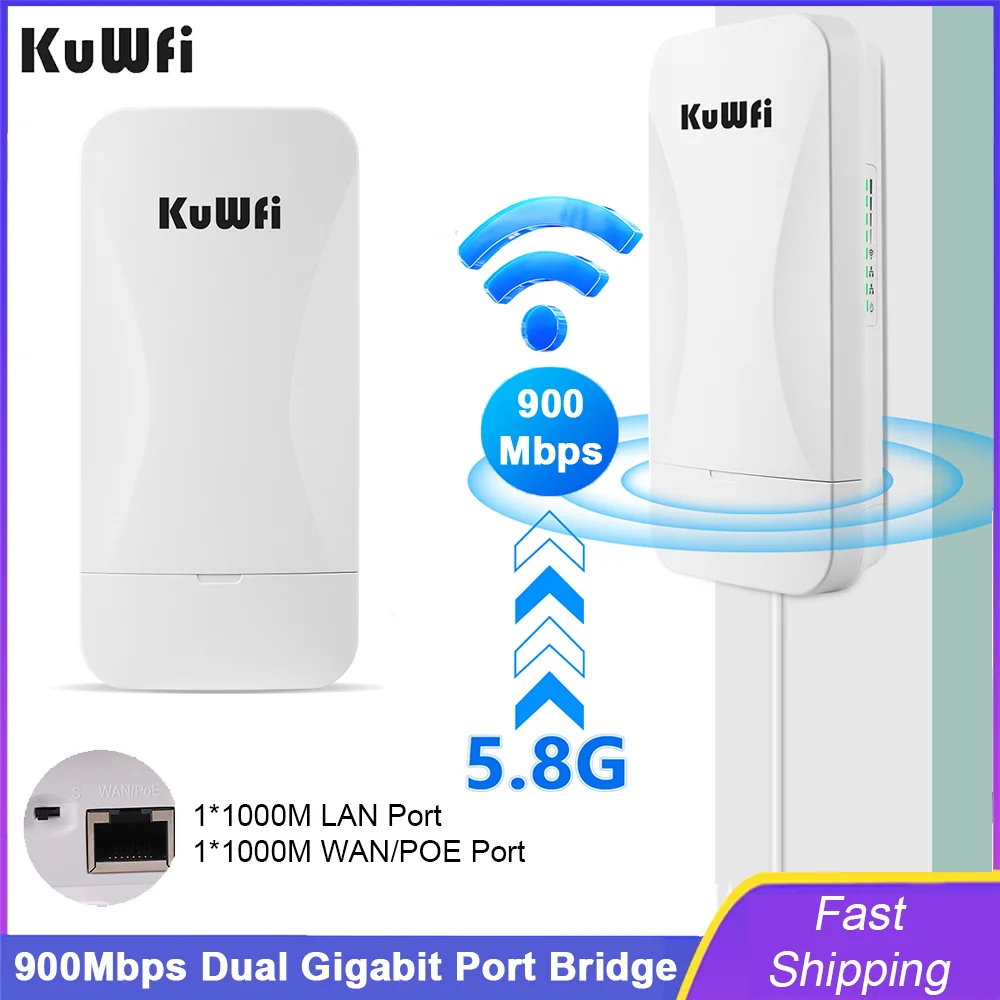 KuWfi 5.8GHz Outdoor Wifi Router 900Mbps CPE Bridge Dual Gigabit Ethernet Port PTP/PTMP Up to 3-5KM for Camera Support 48V POE