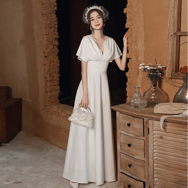 

J24 Wedding evening dress women 2024 summer new elegant white simple French satin light dress skirt large size temperament