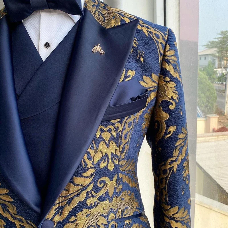 Jacquard Floral Tuxedo Suits for Men Wedding Slim Fit Navy Blue and Gold Gentleman Jacket with Vest Pant 3 Pieces Male Costume