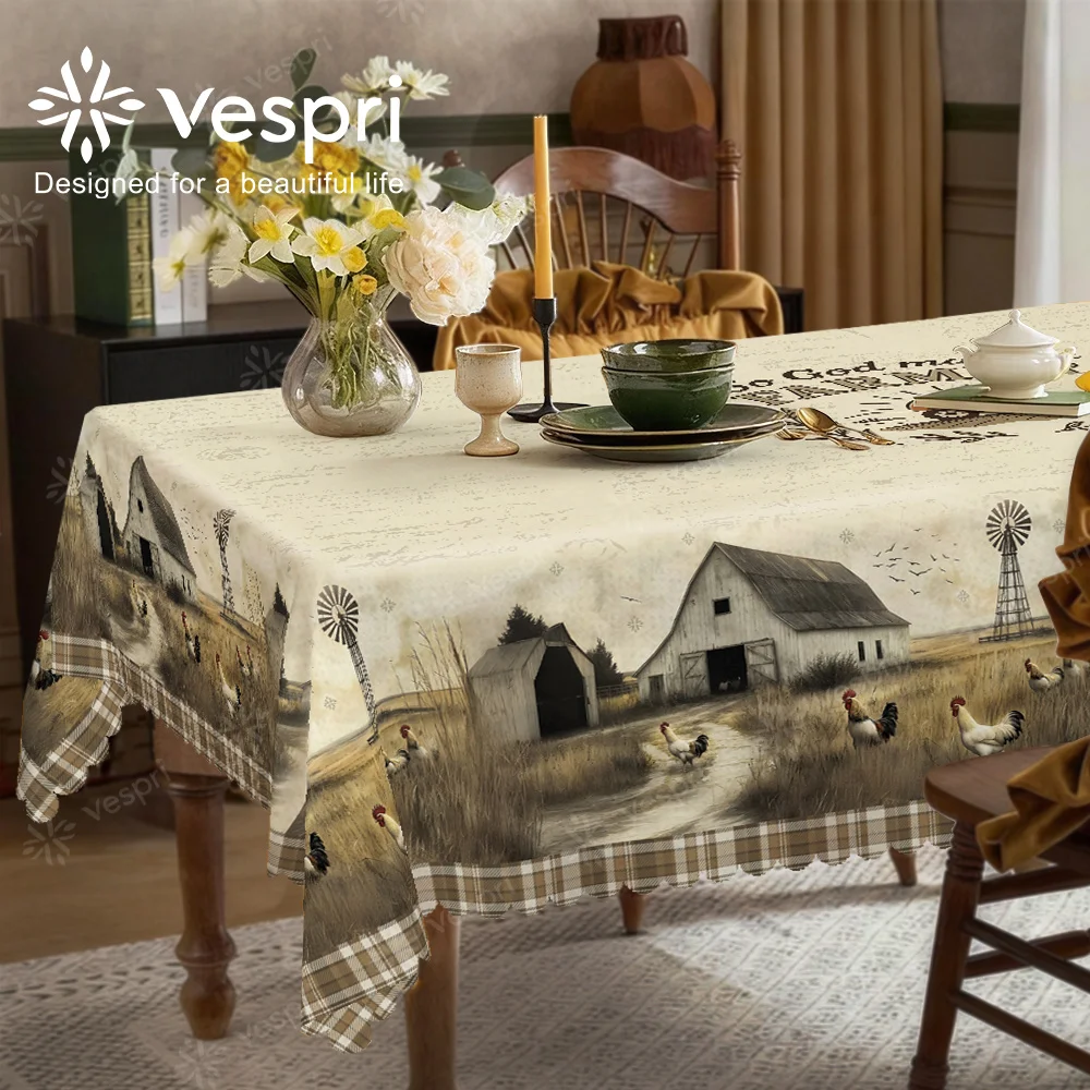 Farmhouse tablecloth, rice, white decorations, checks and houses, European style