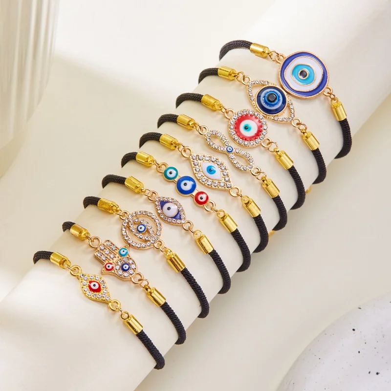 Lucky Evil Eye Braid Bracelet for Women Men\'s Fashion Rhinestone Black Red Woven Rope Chain Adjustable Jewelry Friendship Gift