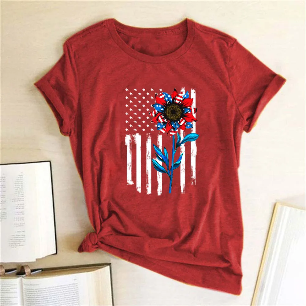 Seeyoushy bandeira americana elemento girassol impressão verão moda feminina tshirt harajuku 90s moda feminina manga curta o-pescoço topo