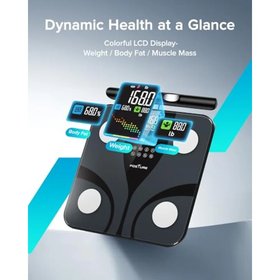 Smart digital bathroom scale for home use, ABS plastic, black, 8-electrode BIA technology for 28 body composition metrics inclu