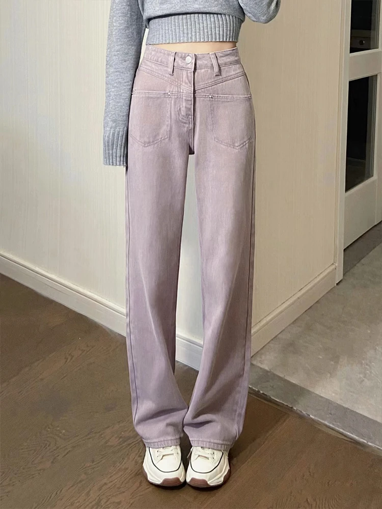 하이웨이스트 와이드 레그 데님 진 여성용 봄 가을 퍼플 루즈핏 플러스 사이즈 슬리밍 도파인 롱 팬츠