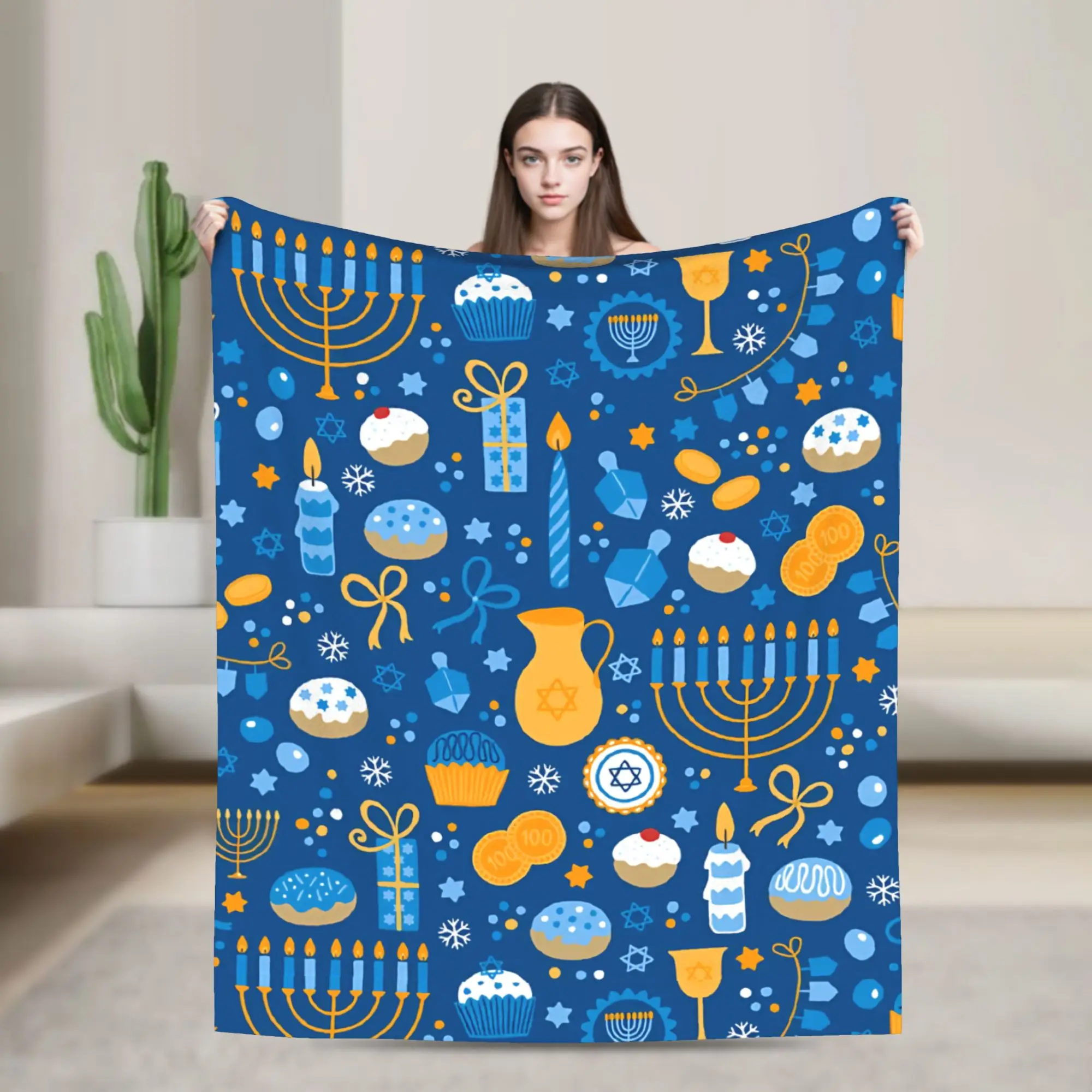 Happy Hanukkah Blankets Velvet Decoration Menorah Candle Christmas  Multifunction Soft Throw Blankets for Home Office Rug Piece
