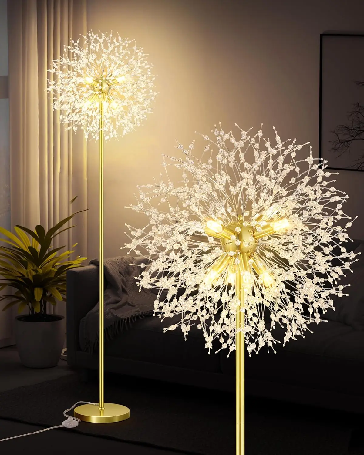 

69'' Modern Crystal Floor Lamp with Foot Switch, Gold Metal Pole and 659 K9 Crystals for Living Room Lighting
