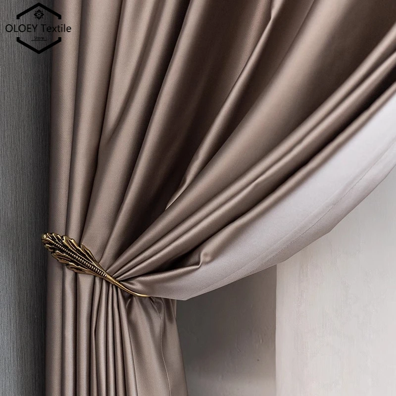 

OLOEY Light Luxury Style Satin Silk High-grade Solid Colour Curtains for Living Room Bedroom Blackout Custom Home Decor 1PC