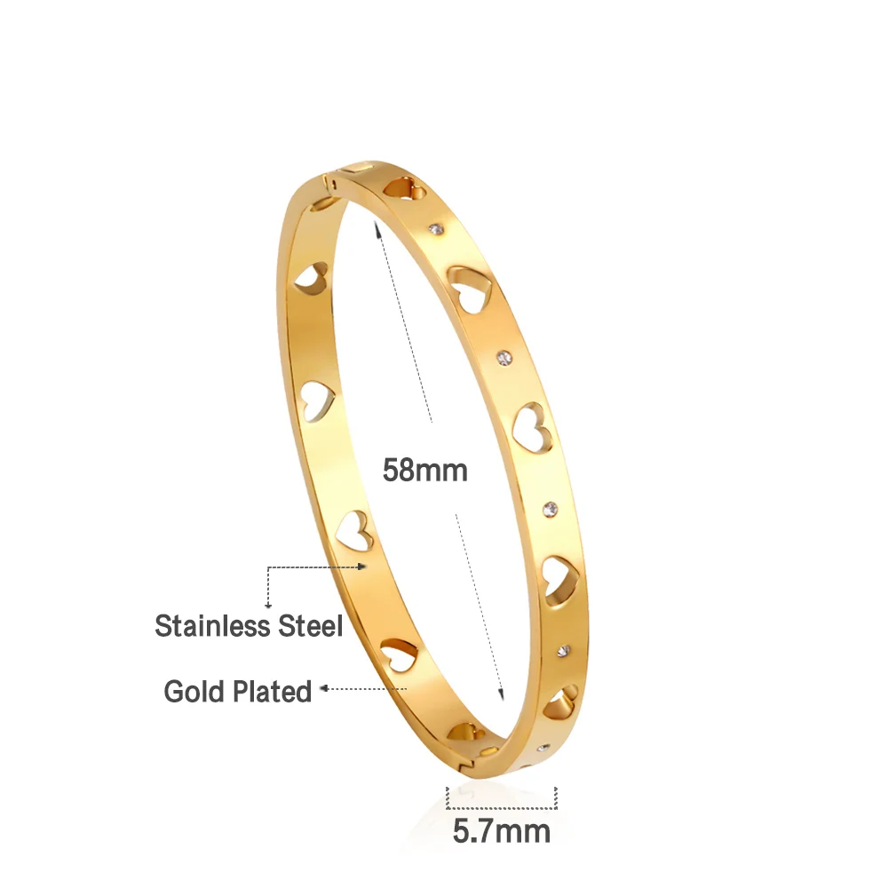 LUXUSTEEL Stainless Steel Bangles Cuff Bracelet for Women Girls Golden CZ Heart Elegant Exquisite Jewelry Party Gifts Bijoux