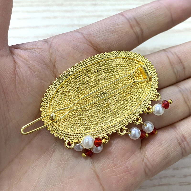 مشبك شعر ذهبي إثيوبي لهدية الزفاف ، ربطة رأس دبي ، لؤلؤة هبانشا ، حجر أحمر وأخضر ، دبوس دبي