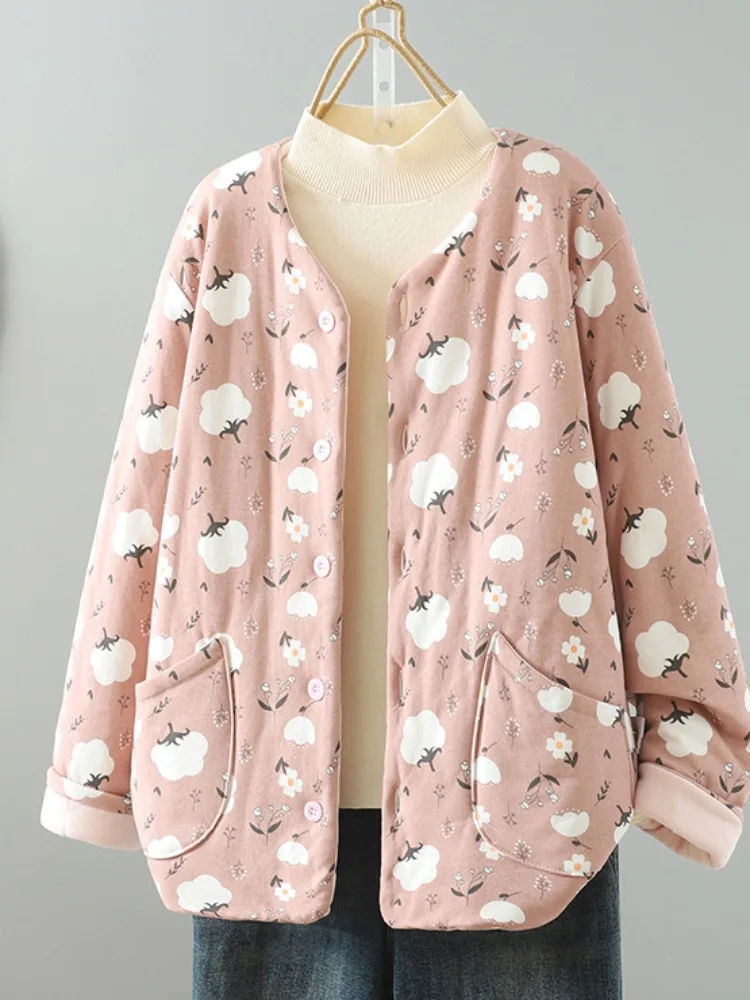 

Lightweight Cotton Lined Printed Women's Jacket Slim Fit Home Wear Short Outerwear Vintage Style Long Sleeve round Neck Button
