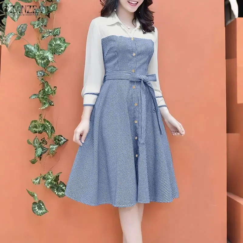 

Элегантное женское платье ZANZEA с отложным воротником и рукавами 3/4, весенне-летнее повседневное платье в клетку, лоскутное платье-сарафан, праздничное миди-платье