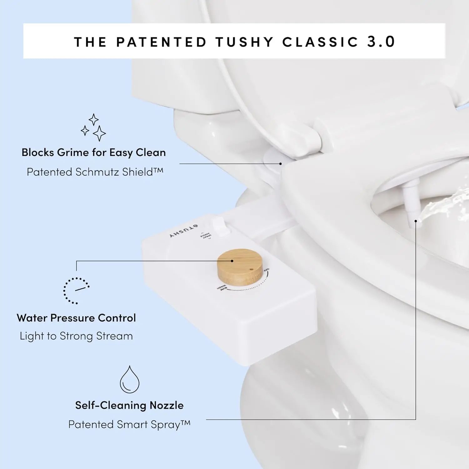 Classic 3.0 Bidet Toilet Seat Attachment - Non-Electric Self Cleaning Water Sprayer with Adjustable Water Pressure Nozzle