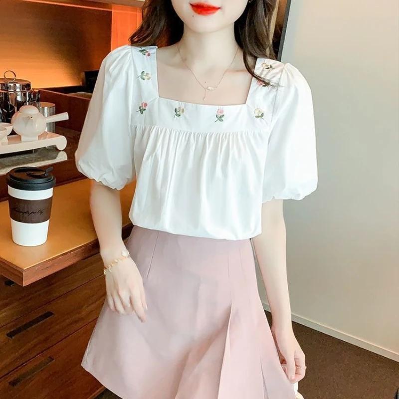 

New 2026 Summer Blouse Women Sweet French Style Loose Fit Square Neck Embroidered Puff Sleeve Top