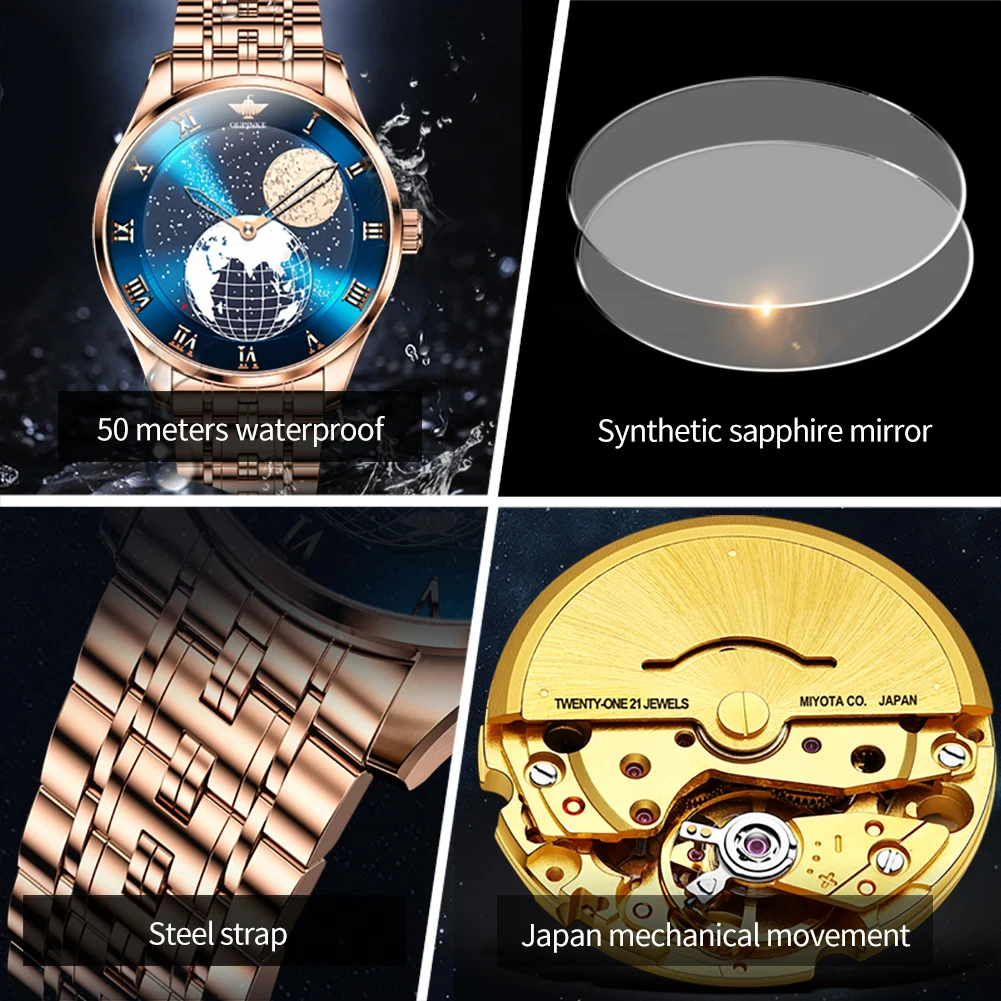 OUPINKE Luxury Swiss Automatic Watch Men 3D Earth Starry Star Rotating Dial Moon Phase Men\'s Wristwatch Mechanical Watch for Men